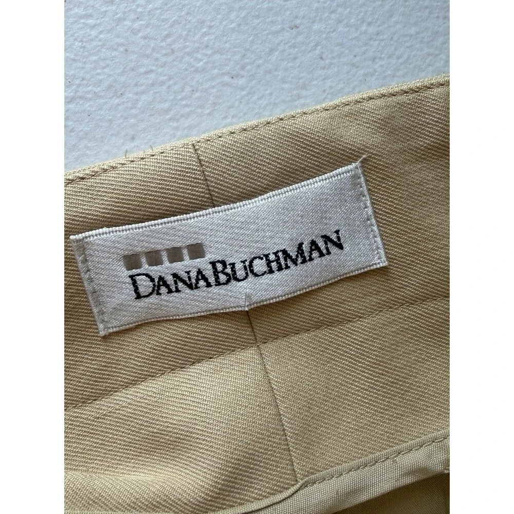 VTG Dana Buchman 100% Silk Midi Pencil Skirt Tan Yellow Mock Wrap Button Size 10